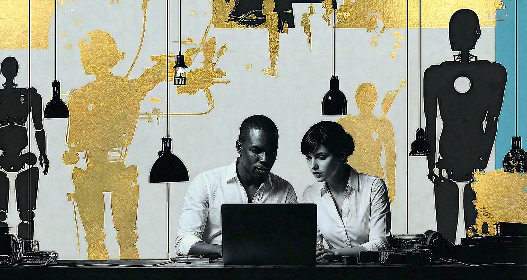 Professional consulting team collaborating with gold and teal design